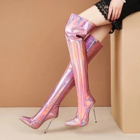 Vero Cuoio Shiny Pink Leather Type Thigh High Boots Tall Zip Up Sexy - Picture 1 of 4